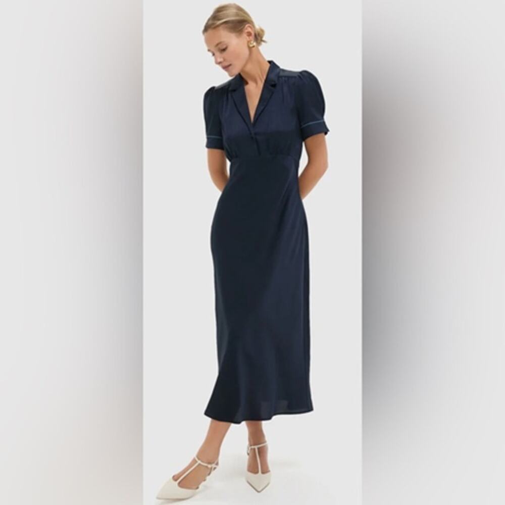 Tuckernuck Woodbine Satin Bellamy Collared Short Sleeve Midi Dress Navy Blue M - Picture 3 of 12